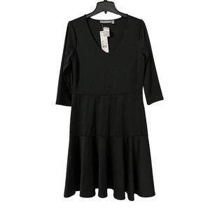 NY COLLECTION NWT Sz L Black Swing A Line Dress V Neck 3/4 Slv Jersey Stretchy